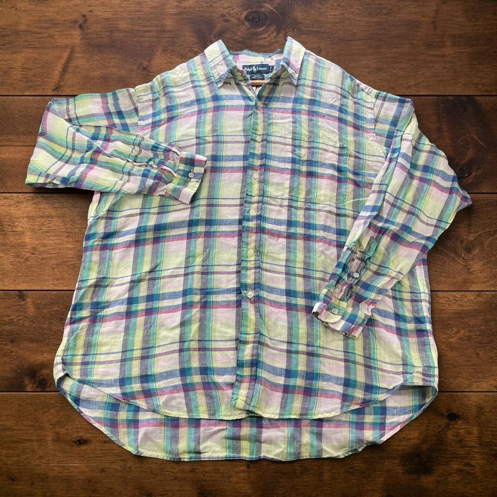 Ralph Lauren Blake Mens XL Linen Plaid Button Down Shirt Multi Color Long Sleeve